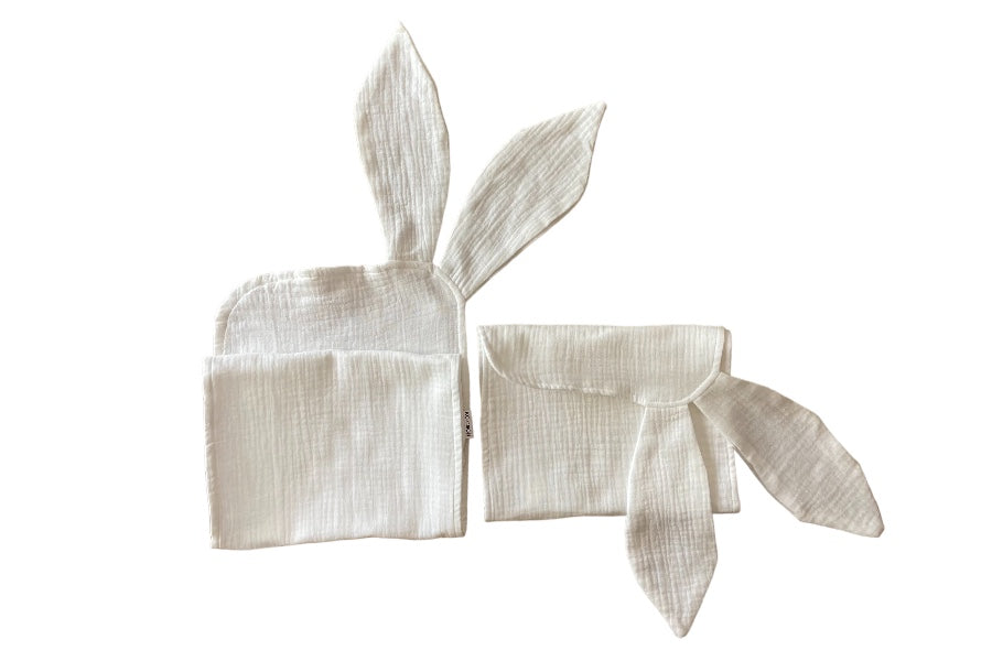 Bunny Muslin baby essentials gift set (Burp cloth and hoodie blanket with bunny ears)