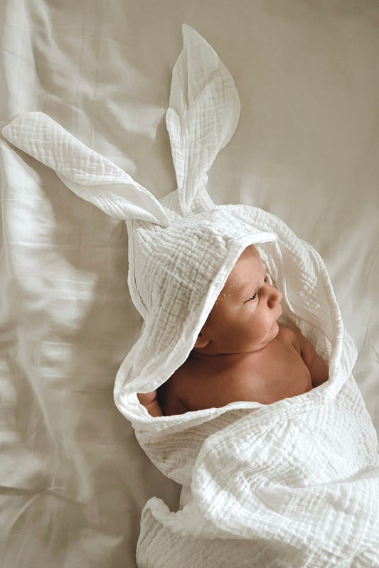 Muslin blanket with bunny hoodie - double layer